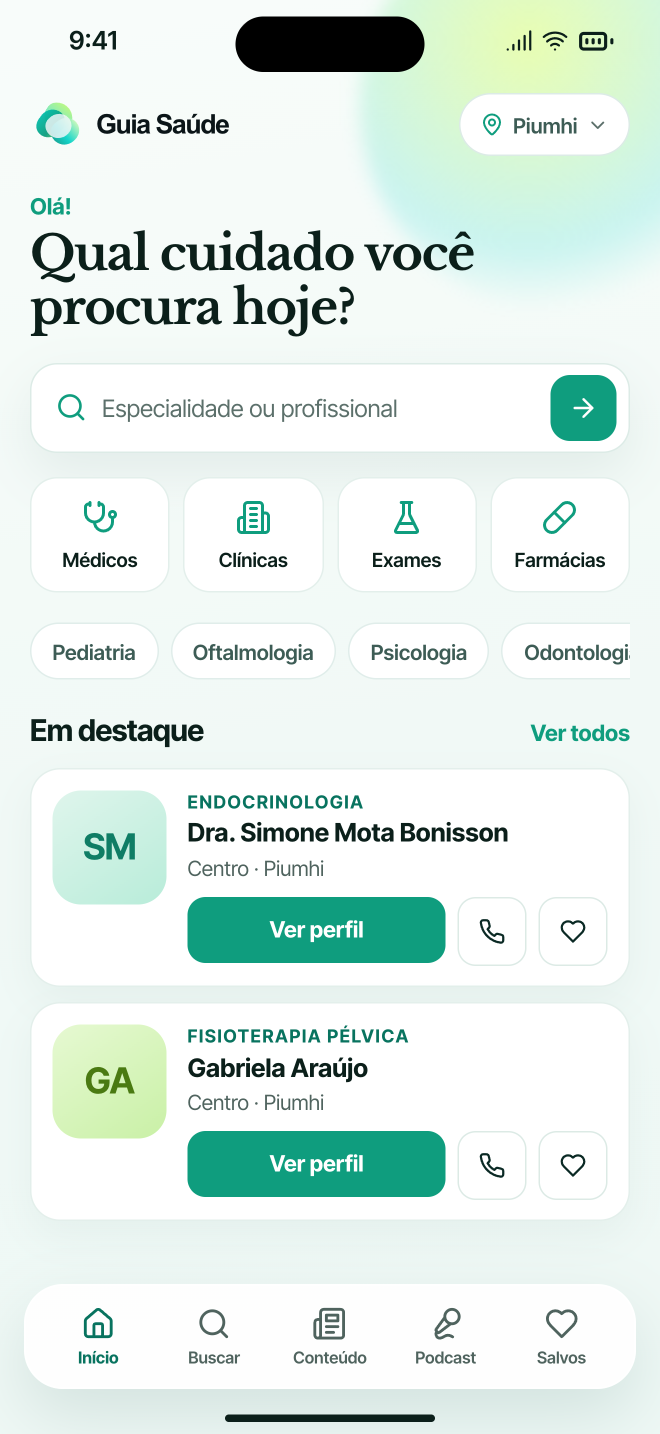 Tela inicial do app Guia Saúde